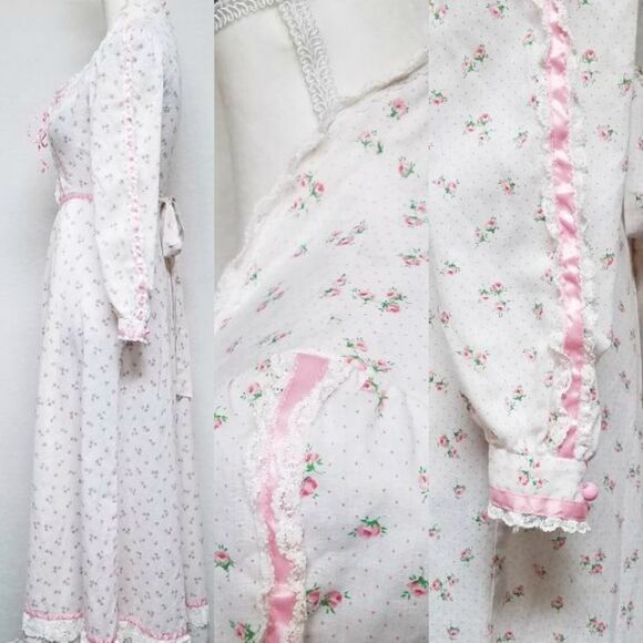 Vintage 1970s Pink Floral Lace Lattice Ribbon Bustier Antebellum Maxi Dress - Picture 13 of 16